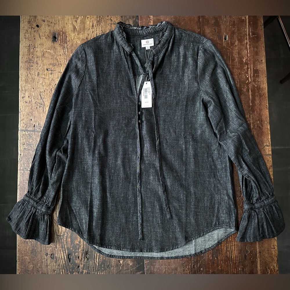 AG Adriano Goldschmied Black Denim Tie-Neck Top